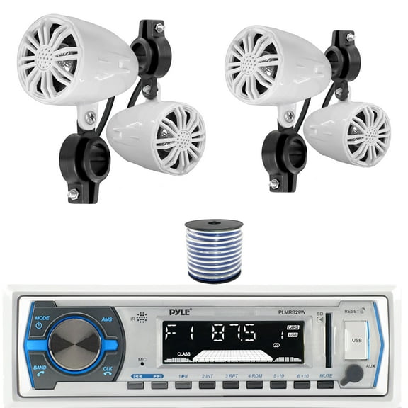 Pyle PLMRB29W Single DIN Bluetooth Marine MP3 In-Dash Stereo Receiver Bundle Combo Two Pairs (QTY 4) Of 2.25 20W Waterproof Rated Off-Road Speakers, 18 Gauge 50 Feet Speaker Wire