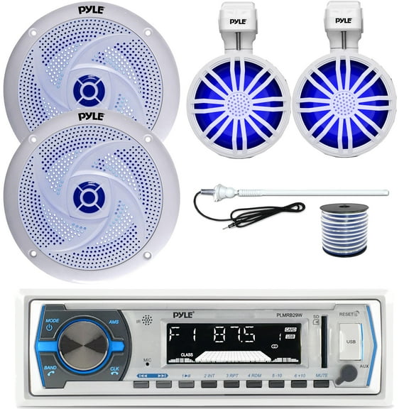 Pyle PLMRB29W Single DIN Bluetooth Marine MP3 In-Dash Stereo White Receiver, 2x 3.5" 20W Waterproof Rated Off-Road White RGB Speakers, 2x 8'' 320W LED White Boat Speakers, Speaker Wire, Radio Antenna