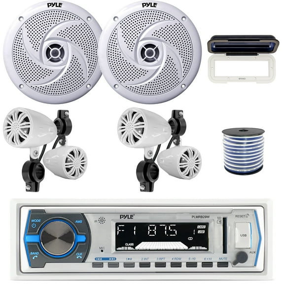Pyle PLMRB29W Single DIN Bluetooth Marine MP3 In-Dash Stereo White Receiver W/White Cover, 2x 2.25 10W Waterproof Rated Off-Road White Speakers, 2x 8'' 320W 2-Way Boat White Speakers, Speaker Wire