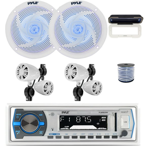 Pyle PLMRB29W Single DIN Bluetooth Marine MP3 In-Dash Stereo White Receiver W/White Cover, 2x 2.25 10W Waterproof Rated Off-Road White Speakers, 2x 8'' 320W 2-Way Boat LED White Speakers W/Wire