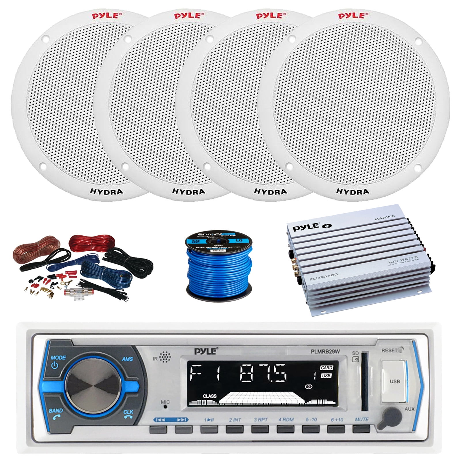Pyle PLMRB29W Single DIN Bluetooth Marine MP3 Stereo Receiver, 4 ...