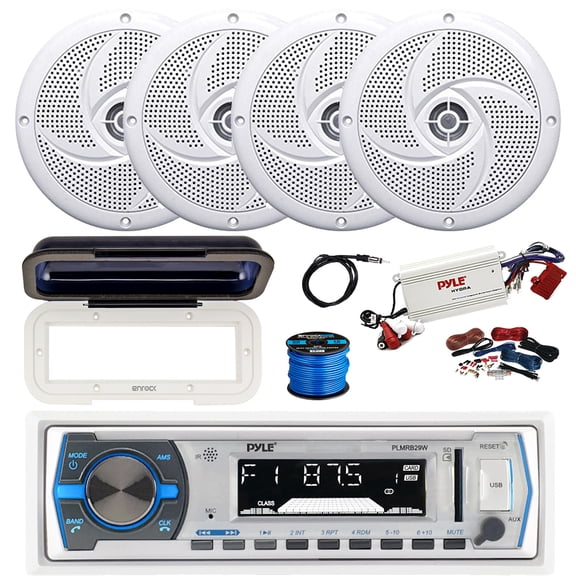 Pyle PLMRB29W Single DIN Bluetooth Marine MP3 Stereo Receiver, 4-Channel Bluetooth Amplifier w/Kit, 4X 5.25" 180 Watt 2-Way Slim Low Profile Audio Speakers (White) w/ Wire, Radio Cover, Antenna