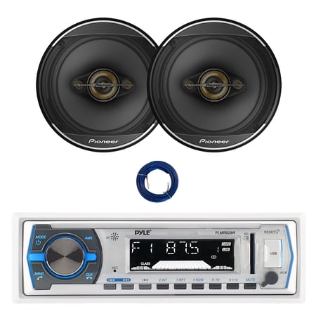 Pyle PLMRB29W Single DIN Bluetooth Marine MP3 Stereo Receiver, Remote Control, 2x 6.5" 350 Watt 4-Way Car Audio Speakers with Wire