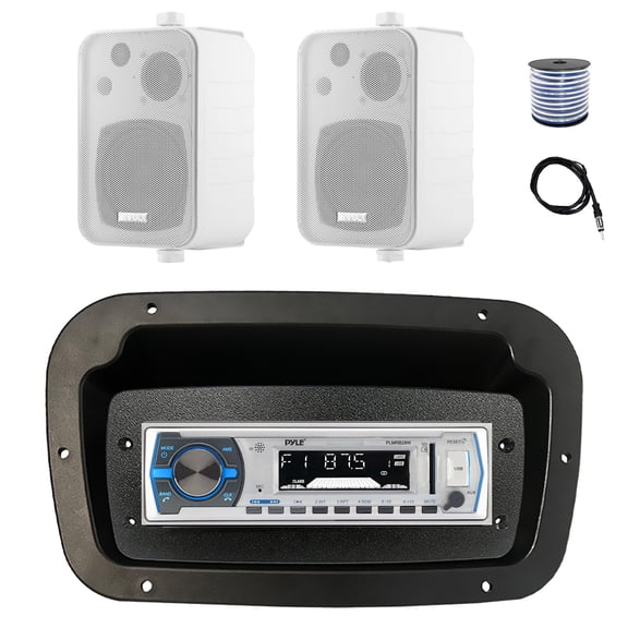 Pyle PLMRB29W Single DIN Bluetooth Marine MP3 Stereo Receiver, Spa bezel, Adapter Plate, 22" Radio Antenna, Wire, 2x 4" 30 Watt Peak Water-Resistant 3-Way InDoor/OutDoor Audio Speakers (White)
