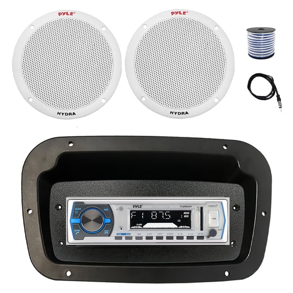Pyle PLMRB29W Single DIN Bluetooth Marine MP3 Stereo Receiver, Spa bezel, Adapter Plate, 22" Radio Antenna, Wire, 2x 6.5'' 400W Peak 2-Way Full Range Dual Cone Waterproof Stereo Speakers (White)