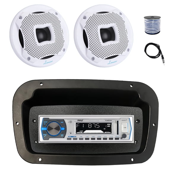 Pyle PLMRB29W Single DIN Bluetooth Marine MP3 Stereo Receiver, Spa bezel, Adapter Plate, 22" Radio Antenna, Wire, 2x 6.5" 450 Watt Peak 2-Way Water Resistant Boat Audio Speakers (White)