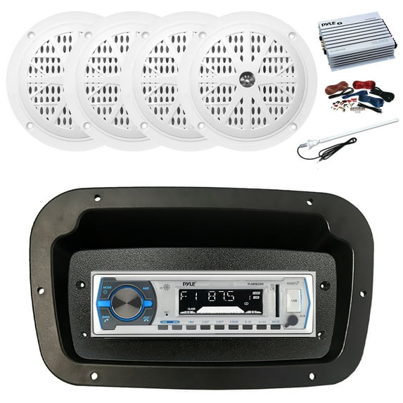 Pyle PLMRB29W Single DIN Bluetooth Marine MP3 Stereo Receiver, Spa bezel, Adapter Plate, Long Range Antenna, Amplifier w/Kit, 4x 4'' 100W Full Range Dual Cone Waterproof Stereo Speakers (White)