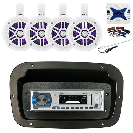Pyle PLMRB29W Single DIN Bluetooth Marine MP3 Stereo Receiver, Spa bezel, Adapter Plate, Long Range Antenna, Amplifier w/Kit, 4x 4" 300W Bluetooth Waterproof Wakeboard LED Tower Speakers (White)