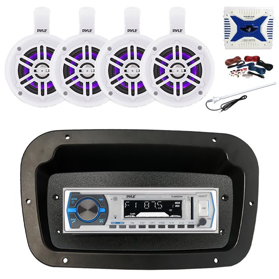 Pyle PLMRB29W Single DIN Bluetooth Marine MP3 Stereo Receiver, Spa bezel, Adapter Plate, Long Range Antenna, Amplifier w/Kit, 4x 4" 300W Bluetooth Waterproof Wakeboard LED Tower Speakers (White)