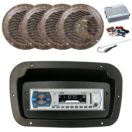 Pyle PLMRB29W Single DIN Bluetooth Marine MP3 Stereo Receiver, Spa bezel, Adapter Plate, Long Range Antenna, Amplifier w/Kit, 4x 6.5" 150W Max Full Range Dual Cone Waterproof Stereo Speakers (Camo)