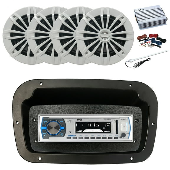 Pyle PLMRB29W Single DIN Bluetooth Marine MP3 Stereo Receiver, Spa bezel, Adapter Plate, Long Range Antenna, Amplifier w/Kit, 4x 6.5" 180 Watt Max Power 2-Way Water Resistant Audio Speakers (White)