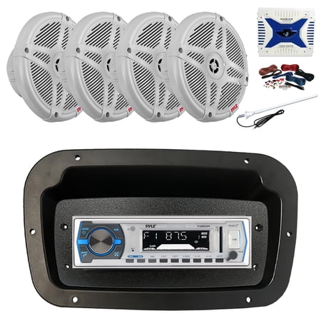 Pyle PLMRB29W Single DIN Bluetooth Marine MP3 Stereo Receiver, Spa bezel, Adapter Plate, Long Range Antenna, Amplifier w/Kit, 4x 6.5" 600W 2-Way Waterproof Wireless RF Streaming Speakers (White)