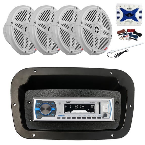 Pyle PLMRB29W Single DIN Bluetooth Marine MP3 Stereo Receiver, Spa bezel, Adapter Plate, Long Range Antenna, Amplifier w/Kit, 4x 6.5" 600W 2-Way Waterproof Wireless RF Streaming Speakers (White)