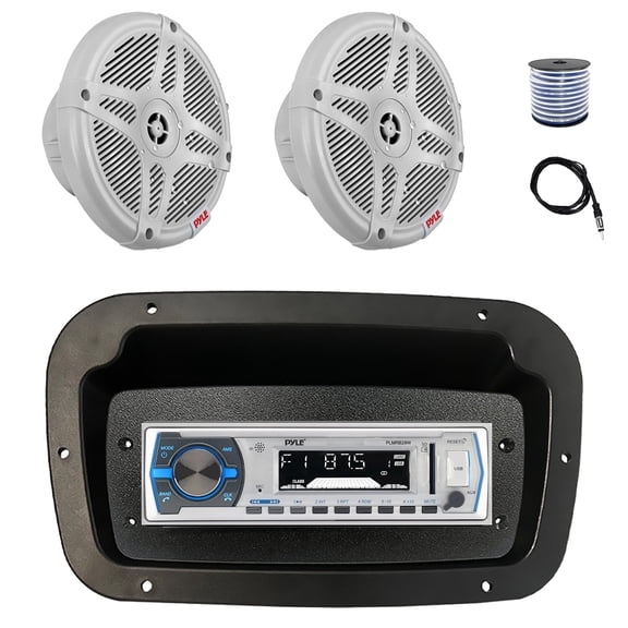 Pyle PLMRB29W Single DIN Bluetooth Marine MP3 Stereo Receiver, Spa bezel, Adapter Plate, Radio Antenna, Wire, 2x 6.5" 600 Watt Max 2-Way Full Range Waterproof Wireless RF Streaming Speakers (White)