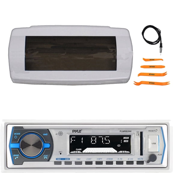 Pyle PLMRB29W Single DIN Bluetooth Marine USB/AUX MP3 Player AM/FM Radio In-Dash Stereo White Receiver W/Remote Control, White Marine Stereo Splash Cover, 22" Radio Antenna, 4-Piece Pry Tool Set