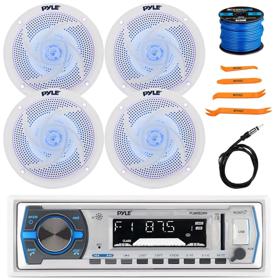 Pyle PLMRB29W Single DIN Marine Bluetooth MP3 Player In-Dash Stereo White Receiver, 4x 6'' 240W Max Low Profile 2-Way Blue Flashing LED Speakers, Radio Antenna, Speaker Wire, Removal Pry Tool Set