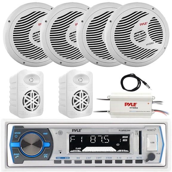 Pyle PLMRB29W Single DIN Marine Bluetooth USB/AUX MP3 AM/FM In-Dash Stereo Receiver, 4x 6.5" 150W Max Dual Cone Speakers, 2x 4" 300W Max Indoor/Outdoor Speakers, 4 Channel Amplifier, Radio Antenna