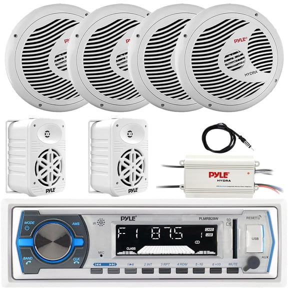 Pyle PLMRB29W Single DIN Marine Bluetooth USB/AUX MP3 AM/FM In-Dash Stereo Receiver, 4x 6.5" 150W Max Dual Cone Speakers, 2x 5.25" 500W Max Indoor/Outdoor Speakers, 4 Channel Amplifier, Radio Antenna