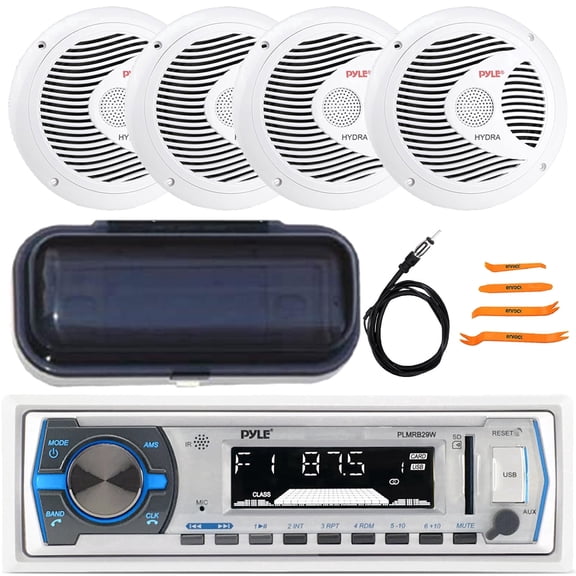 Pyle PLMRB29W Single DIN Marine Bluetooth USB/AUX MP3 Player AM/FM In-Dash Stereo White Receiver W/White Cover, 4x 6.5" 150W Max Full Range Dual Cone Speakers, Antenna, 4-Piece Removal Pry Tool Set