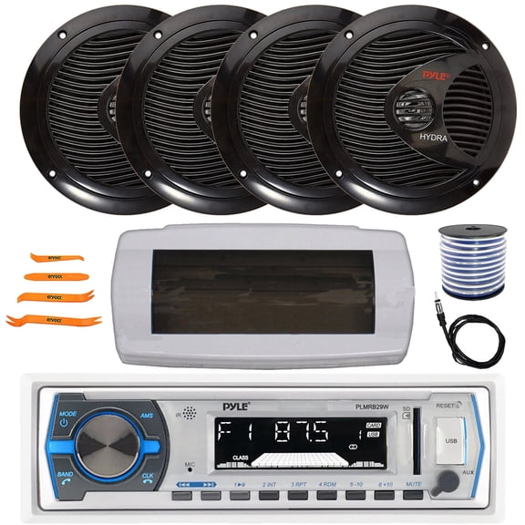 Pyle PLMRB29W Single DIN Marine Bluetooth USB/AUX MP3 Player AM/FM Radio In-Dash Stereo White Receiver W/White Cover, 4x 6.5" 150W Max Full Range Speakers, Radio Antenna, Speaker Wire, Pry Tool Set