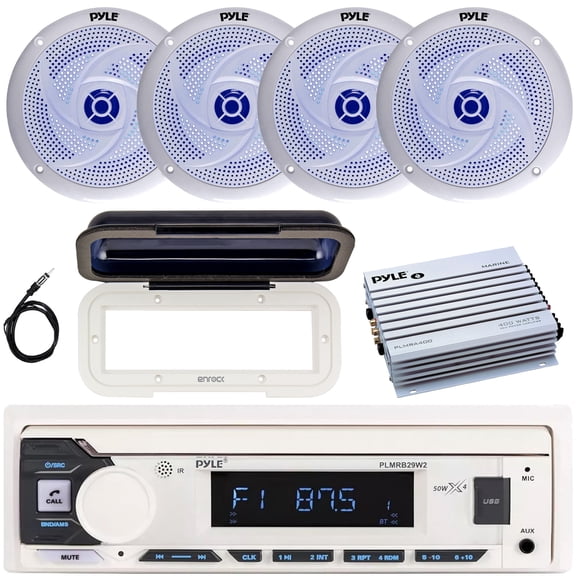 Pyle PLMRB29W2 Single DIN Marine Bluetooth USB/AUX MP3 Player AM/FM In-Dash Stereo White Receiver w/White Cover, 4x 8'' 320W Max Low Profile Blue LED White Speakers, 4 Channel Amplifier, Antenna