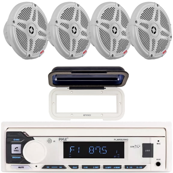Pyle PLMRB29W2 Single DIN Marine Bluetooth USB/AUX MP3 Player AM/FM In-Dash Stereo White Receiver w/White Radio Shield Cover, 4x 6.5" 600W Max 2-Way Wireless RF Streaming Boat Component Speakers