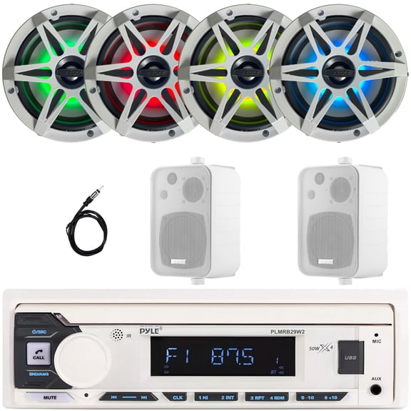 Pyle PLMRB29W2 Single DIN Marine Bluetooth USB/AUX MP3 Player AM/FM Radio In-Dash Stereo Receiver, 4x 6.5" 120W Max RGB LED Speakers w/Grille, 2x 4" 30W Max 3-Way Indoor/Outdoor Speakers, Antenna