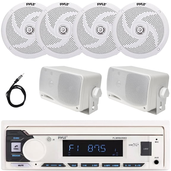Pyle PLMRB29W2 Single DIN Marine Bluetooth USB/AUX MP3 Player AM/FM Radio In-Dash Stereo White Receiver, 4x 6'' 240W Max Low Profile 2-Way Speakers, 2x 3.5'' 200W Max 3-Way Mini Box Speakers, Antenna