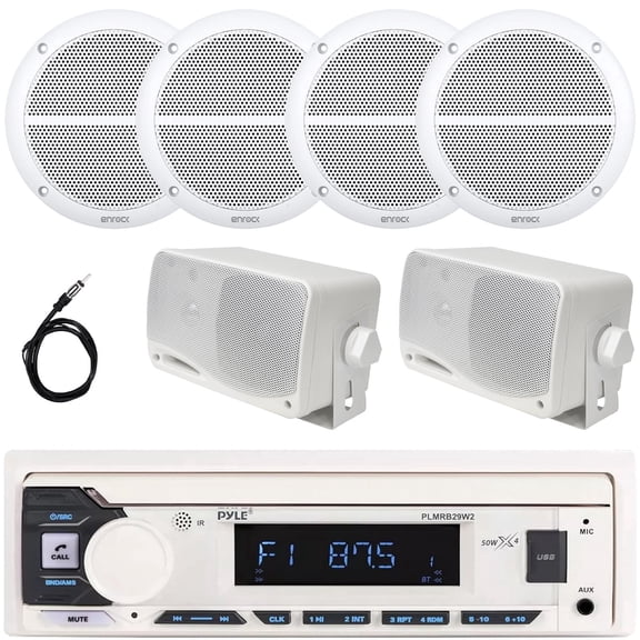 Pyle PLMRB29W2 Single DIN Marine Bluetooth USB/AUX MP3 Player AM/FM Radio In-Dash Stereo White Receiver, 4x 6.5" 90W Max 2-Way Full Range Speakers, 2x 3.5'' 200W Max 3-Way Mini Box Speakers, Antenna