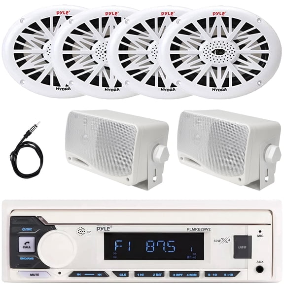 Pyle PLMRB29W2 Single DIN Marine Bluetooth USB/AUX MP3 Player AM/FM Radio In-Dash Stereo White Receiver, 4x 6x9" 260W Max 2-Way Full Range Speakers, 2x 3.5'' 200W Max 3-Way Mini Box Speakers, Antenna