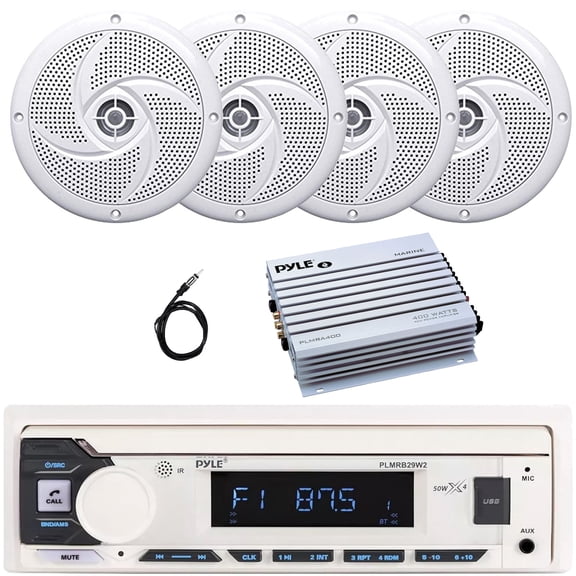 Pyle PLMRB29W2 Single DIN Marine Bluetooth USB/AUX MP3 Player AM/FM Radio In-Dash Stereo White Receiver, 4x 4" 100W Max Low Profile 2-Way Waterproof White Boat Speakers, 4 Channel Amplifier, Antenna