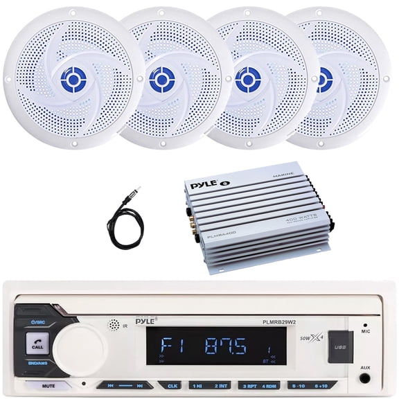 Pyle PLMRB29W2 Single DIN Marine Bluetooth USB/AUX MP3 Player AM/FM Radio In-Dash Stereo White Receiver, 4x 5.25" 180W Max 2-Way Low Profile Slim Style Blue LED Speakers, 4 Channel Amplifier, Antenna