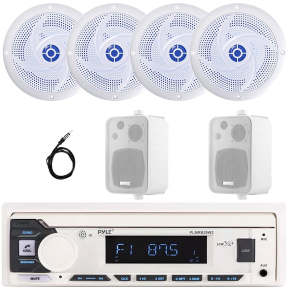Pyle PLMRB29W2 Single DIN Marine Bluetooth USB/AUX MP3 Player AM/FM Radio In-Dash Stereo White Receiver, 4x 6'' 240W Max 2-Way Blue LED Speakers, 2x 4" 30W Max 3-Way Indoor/Outdoor Speakers, Antenna