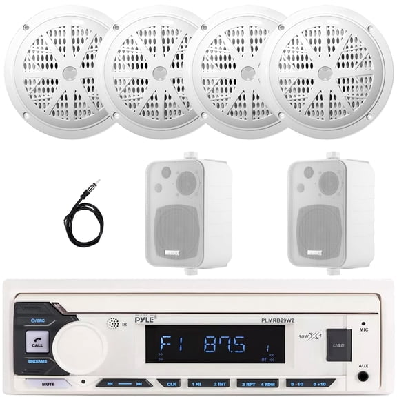 Pyle PLMRB29W2 Single DIN Marine Bluetooth USB/AUX MP3 Player AM/FM Radio In-Dash Stereo White Receiver, 4x 6.5'' 120W Max Dual Cone Speakers, 2x 4" 30W Max 3-Way Indoor/Outdoor Speakers, Antenna