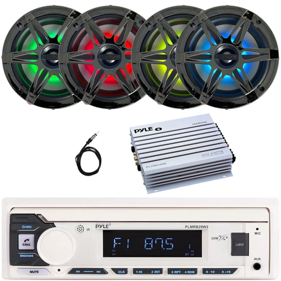 Pyle PLMRB29W2 Single DIN Marine Bluetooth USB/AUX MP3 Player AM/FM Radio In-Dash Stereo White Receiver, 4x 6.5" 120W Max Power RGB LED Boat Speakers with Chrome Grilles, 4 Channel Amplifier, Antenna