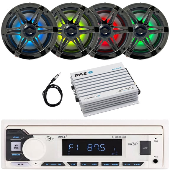 Pyle PLMRB29W2 Single DIN Marine Bluetooth USB/AUX MP3 Player AM/FM Radio In-Dash Stereo White Receiver, 4x 6.5" 120W Max RGB LED Speakers with Chrome Grilles, 4 Channel Bluetooth Amplifier, Antenna