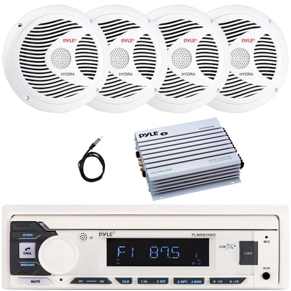 Pyle PLMRB29W2 Single DIN Marine Bluetooth USB/AUX MP3 Player AM/FM Radio In-Dash Stereo White Receiver, 4x 6.5" 150W Max Full Range Dual Cone Waterproof Boat Speakers, 4 Channel Amplifier, Antenna