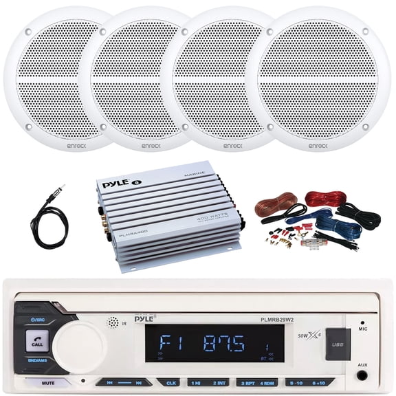 Pyle PLMRB29W2 Single DIN Marine Bluetooth USB/AUX MP3 Player AM/FM Radio In-Dash Stereo White Receiver, 4x 6.5" 90W Max Power 2-Way Full Range White Boat Speakers, 4 Channel Amplifier w/Kit, Antenna