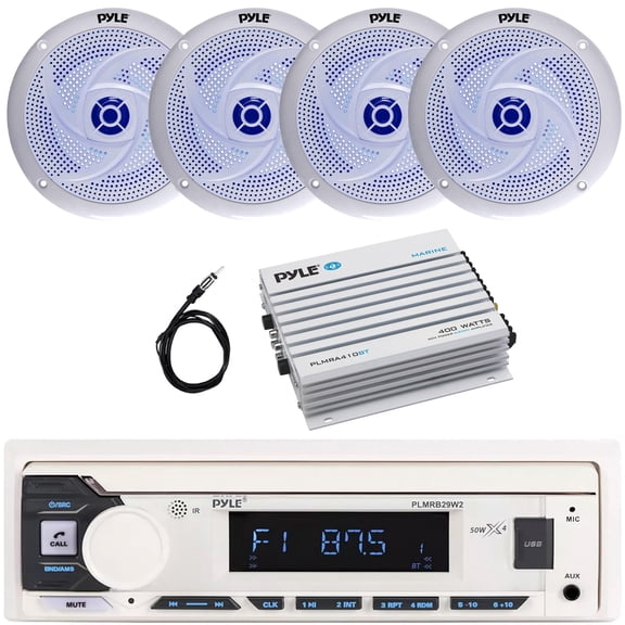 Pyle PLMRB29W2 Single DIN Marine Bluetooth USB/AUX MP3 Player AM/FM Radio In-Dash Stereo White Receiver, 4x 8'' 320W Max Low Profile 2-Way Blue LED Speakers, 4 Channel Bluetooth Amplifier, Antenna