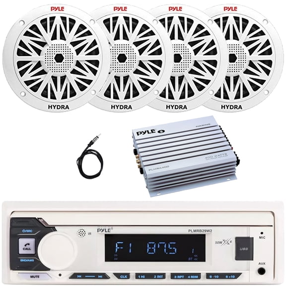 Pyle PLMRB29W2 Single DIN Marine Bluetooth USB/AUX MP3 Player AM/FM Radio In-Dash Stereo White Receiver, 4x Dual 6.5'' 200W Max Water Resistant 2-Way Full Range Speakers, 4 Channel Amplifier, Antenna