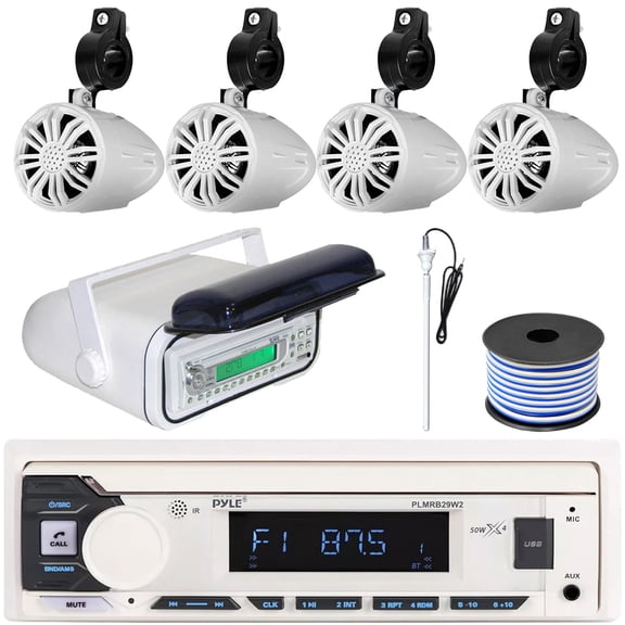 Pyle PLMRB29W2 Single DIN Marine Bluetooth USB/AUX MP3 Player AM/FM Radio In-Dash Stereo White Receiver w/White Cover, 4x 2.25' 10W Max Full Range Off-Road Boat Speakers, Radio Antenna, Speaker Wire