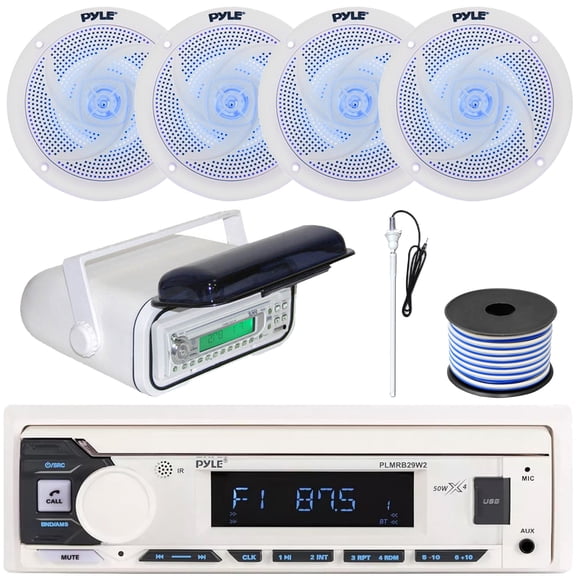 Pyle PLMRB29W2 Single DIN Marine Bluetooth USB/AUX MP3 Player AM/FM Radio In-Dash Stereo White Receiver w/White Cover, 4x 4" 100W Max Low Profile 2-Way Blue LED Speakers, Radio Antenna, Speaker Wire