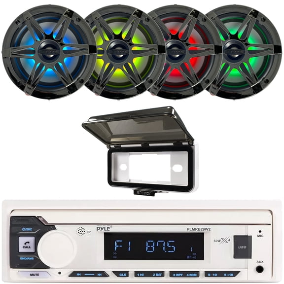 Pyle PLMRB29W2 Single DIN Marine Bluetooth USB/AUX MP3 Player AM/FM Radio In-Dash Stereo White Receiver w/White Cover, 4x 6.5" 120 Watt Max Power 4-Ohm RGB LED Coaxial Speakers with Chrome Grilles