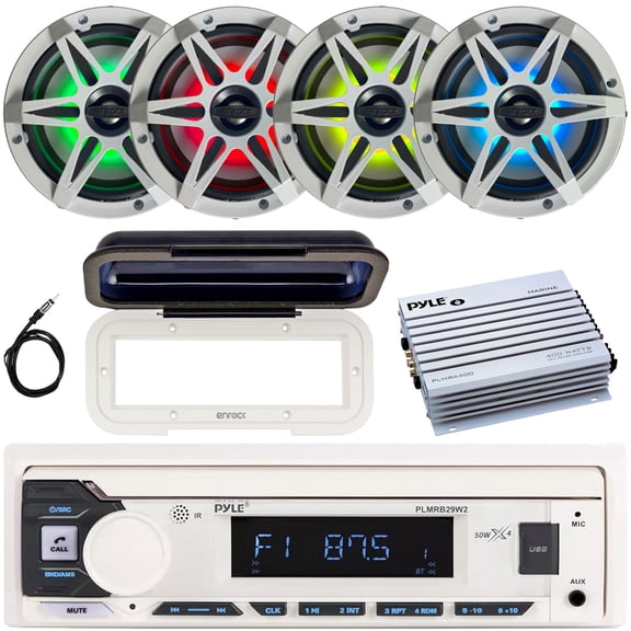 Pyle PLMRB29W2 Single DIN Marine Bluetooth USB/AUX MP3 Player AM/FM Radio In-Dash Stereo White Receiver w/White Cover, 4x 6.5" 120W Max RGB LED Boat Speakers w/Grilles, 4 Channel Amplifier, Antenna