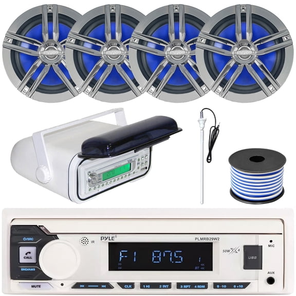 Pyle PLMRB29W2 Single DIN Marine Bluetooth USB/AUX MP3 Player AM/FM Radio In-Dash Stereo White Receiver w/White Cover, 4x 6.5" 180W Max Power 2-Way Boat Charcoal Speakers, Radio Antenna, Speaker Wire