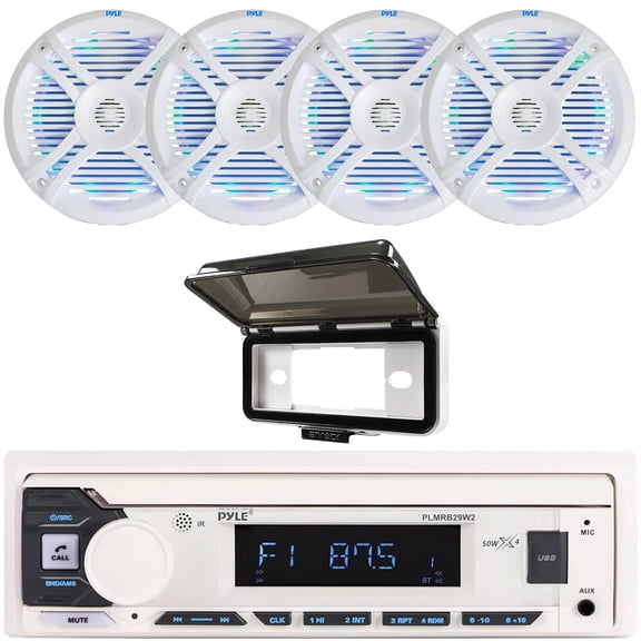 Pyle PLMRB29W2 Single DIN Marine Bluetooth USB/AUX MP3 Player AM/FM Radio In-Dash Stereo White Receiver w/White Cover, 4x 6.5" 250 Watt Max Power Dual Cone RGB LED Boat White Speakers
