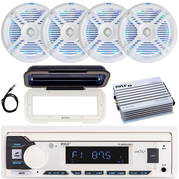 Pyle PLMRB29W2 Single DIN Marine Bluetooth USB/AUX MP3 Player AM/FM Radio In-Dash Stereo White Receiver w/White Cover, 4x 6.5" 250W Max Dual Cone RGB LED Boat Speakers, 4 Channel Amplifier, Antenna