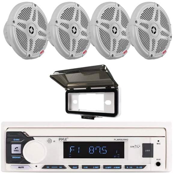 Pyle PLMRB29W2 Single DIN Marine Bluetooth USB/AUX MP3 Player AM/FM Radio In-Dash Stereo White Receiver w/White Cover, 4x 6.5" 600W Max 2-Way Waterproof Wireless RF Streaming Boat Component Speakers