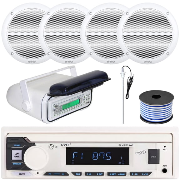 Pyle PLMRB29W2 Single DIN Marine Bluetooth USB/AUX MP3 Player AM/FM Radio In-Dash Stereo White Receiver w/White Cover, 4x 6.5" 90 Watt Max Power 2-Way Full Range Speakers, Radio Antenna, Speaker Wire
