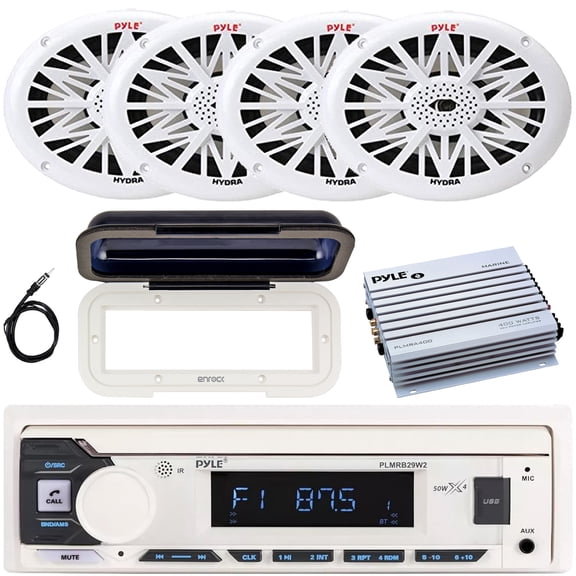 Pyle PLMRB29W2 Single DIN Marine Bluetooth USB/AUX MP3 Player AM/FM Radio In-Dash Stereo White Receiver w/White Cover, 4x 6x9" 260W Max 2-Way Full Range Boat Speakers, 4 Channel Amplifier, Antenna